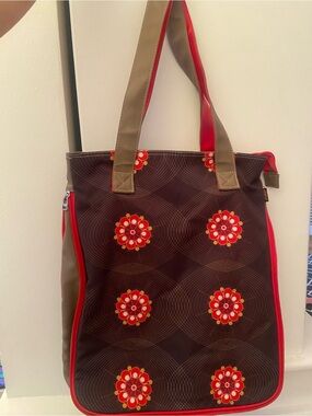 Brown Floral Tote with Red Accents